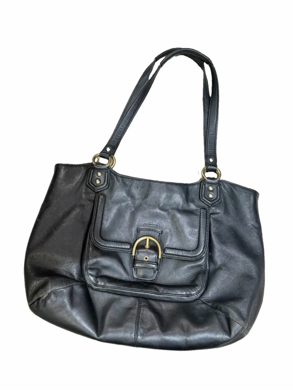 Black Coach Carryall Campbell Leather Shoulder Tote Bag with Front Buckle